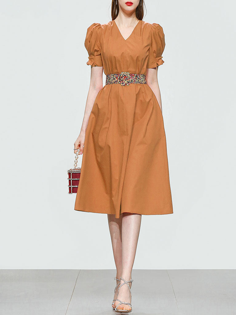 Orange V Neck Puff Sleeve Audrey Hepburn Style 50S Vintage Dress