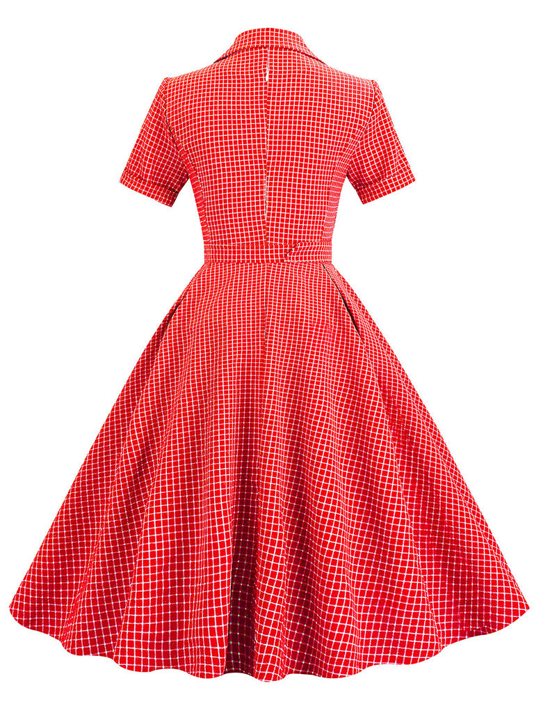 Green Plaid Turn Down Collar Short Sleeves 1950S Vintage Shirt Dress