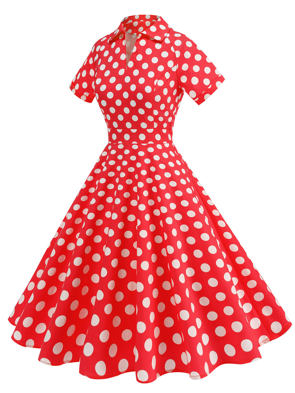 Red Polka Dots Turn Down Collar Short Sleeves 1950S Vintage Shirt Dress