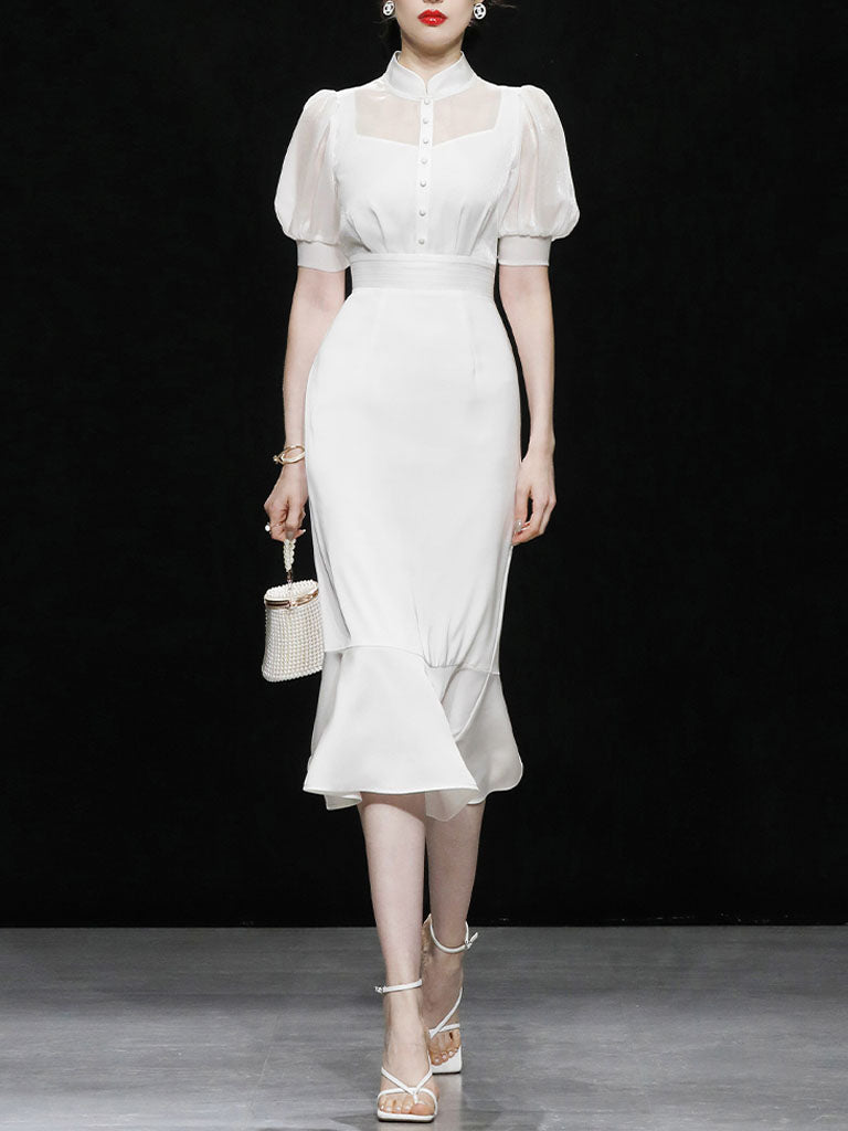 White Stand Collar Puff Sleeve Princess Mermaid Organza Dress