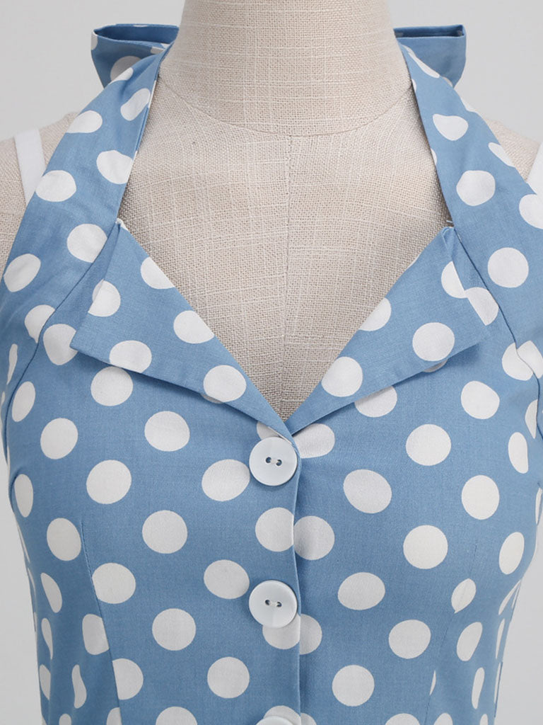 Green And White Polka Dots Pockets Vintage Halter 1950S Dress