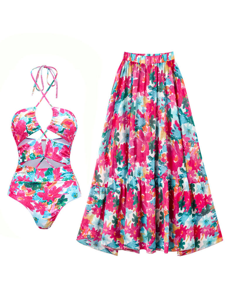 Pink Handmade Flower Halter Ruffles One Piece