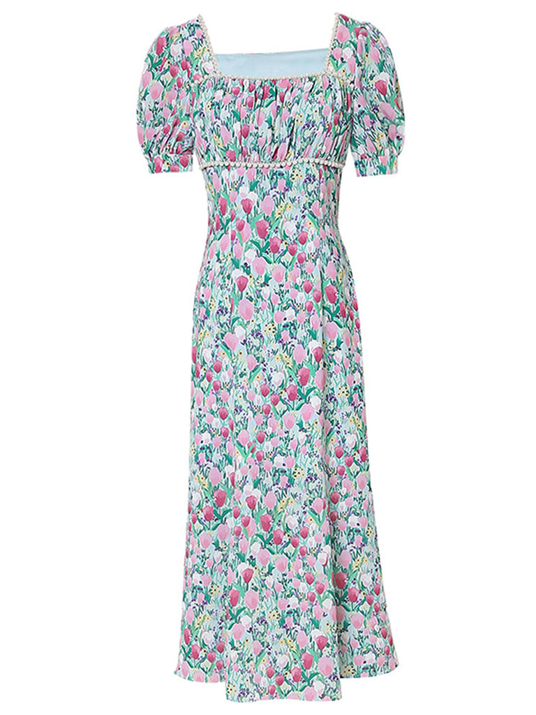Blue Tulip Print Pearl 1950S Vintage Dress