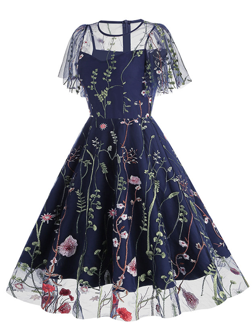 Wine Red Semi Mesh Flower Embroidered Short Sleeve 50S Swing Dress