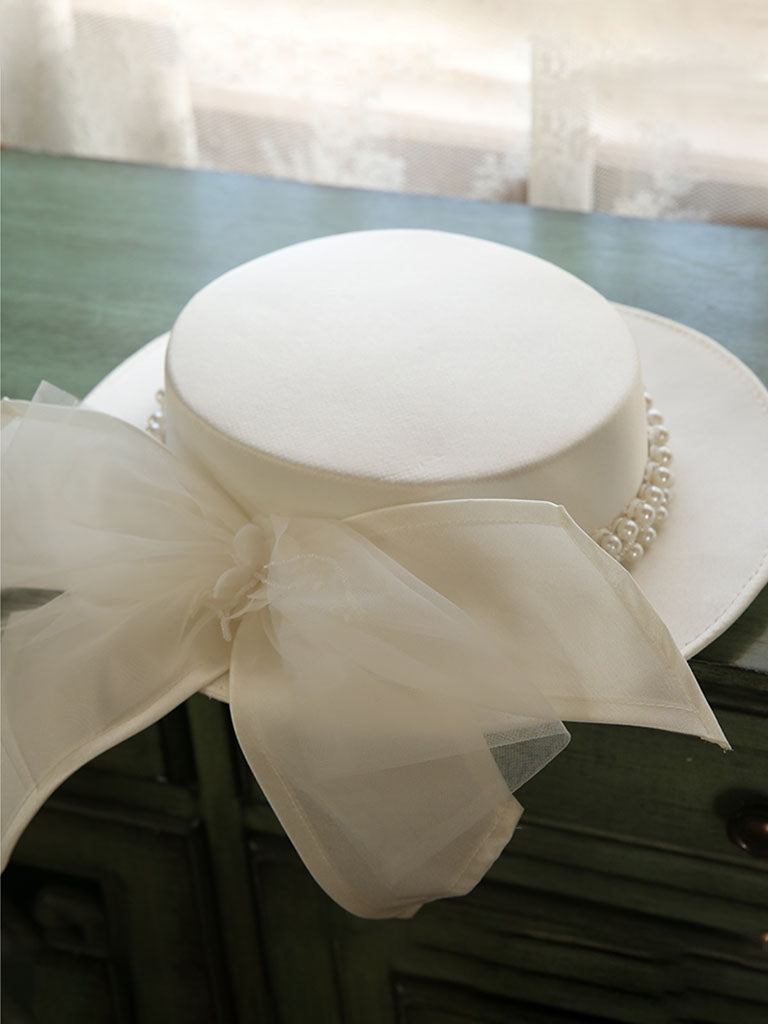 White Big Bow Wedding Pearls Hat