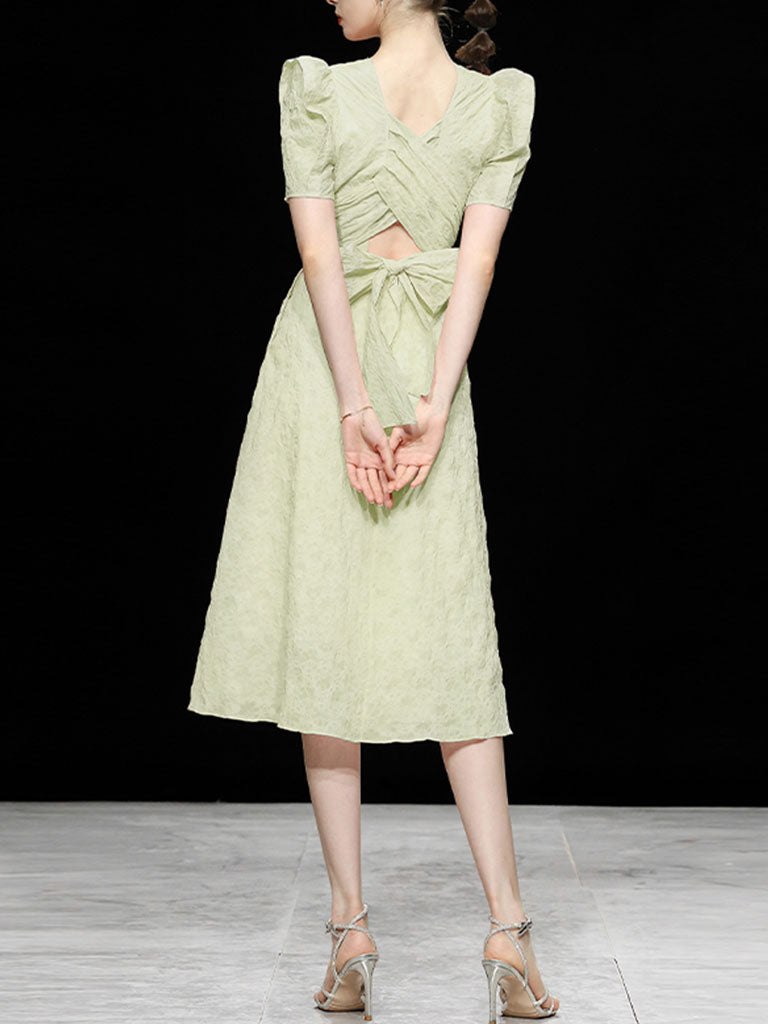 Avocado Green Crossback Puff Sleeve 1950S Vintage Dress