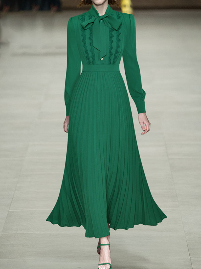 Green Bow Collar Long Sleeve Lace 1950S Vintage Maxi Dress