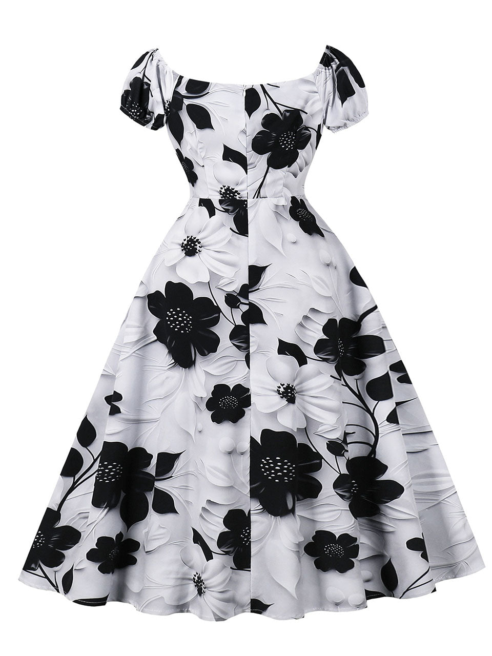 Black Off The Shoulder Flower Print 1950s Vintage Swing Dress