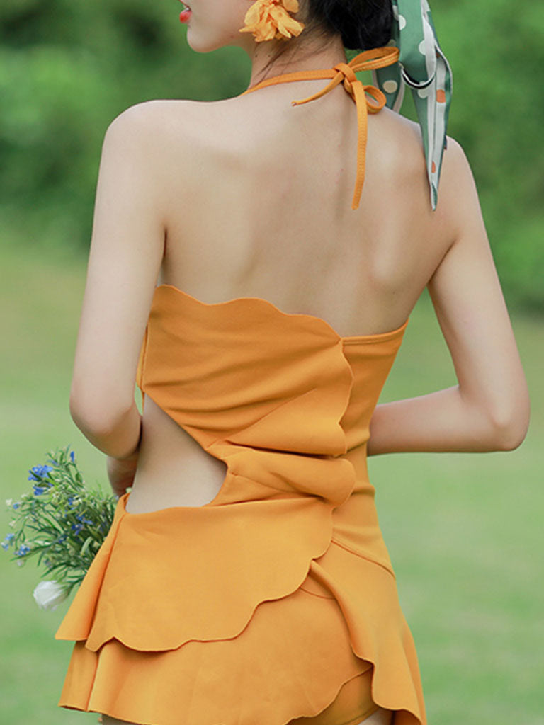 Yellow One Piece Ruffles Backless Bikini Swimwear