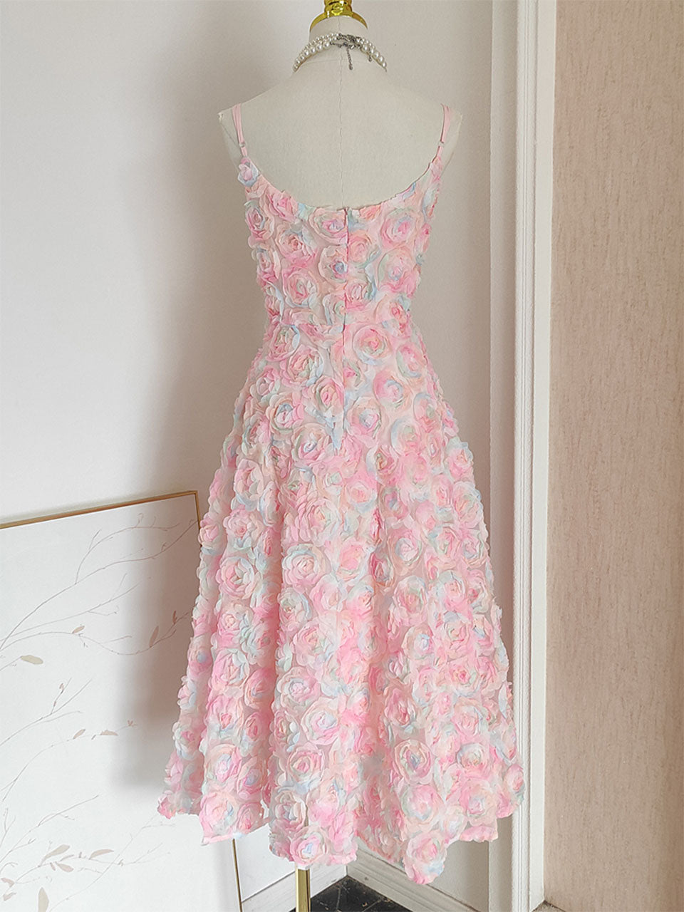 Rose Luxury Spaghetti Strap High Waist Swing Party Dress