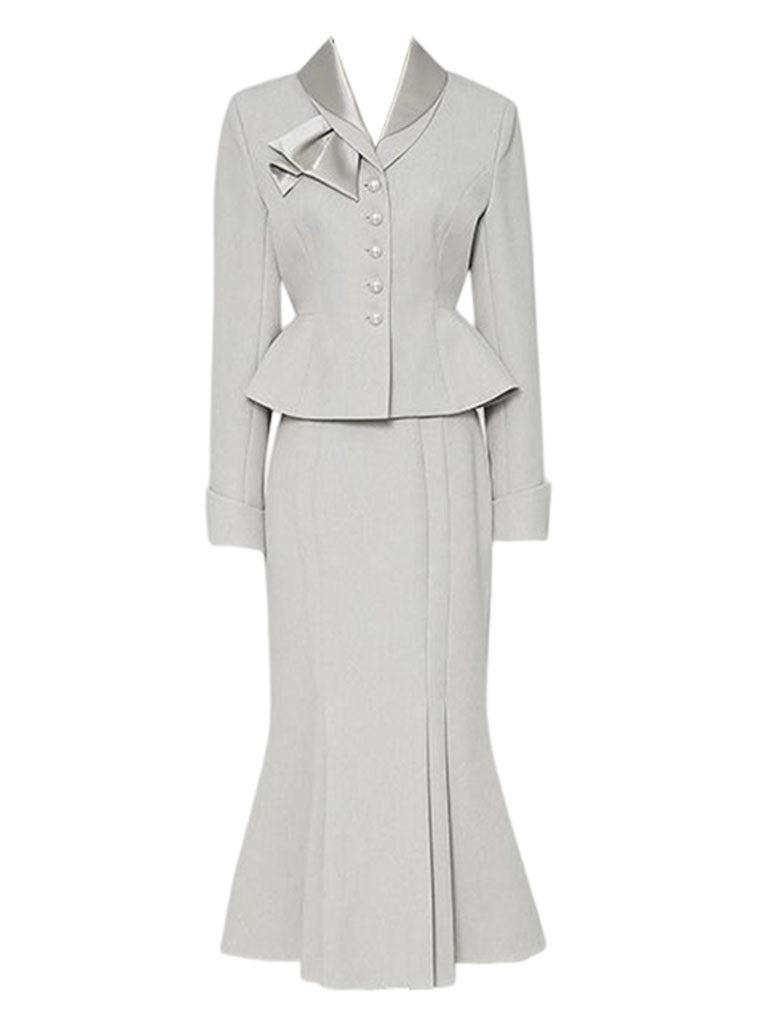 2PS Grey Wasp Waist Top And Wrap Fishtail Skirt Suit