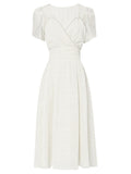 White Bud Sleeve Pearl Square Neck Chiffon 1950S Vintage Dress