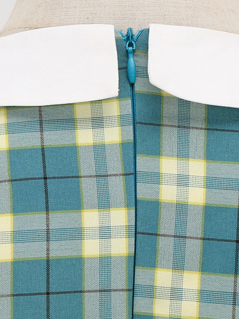 Green Plaid Peter Pan Collar Hepburn Style Puff Short Sleeved Elegant 1950S Swing Dress