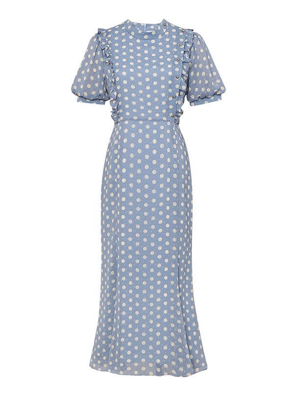Blue Polka Dots Puff Sleeve Vintage Chiffon Dress