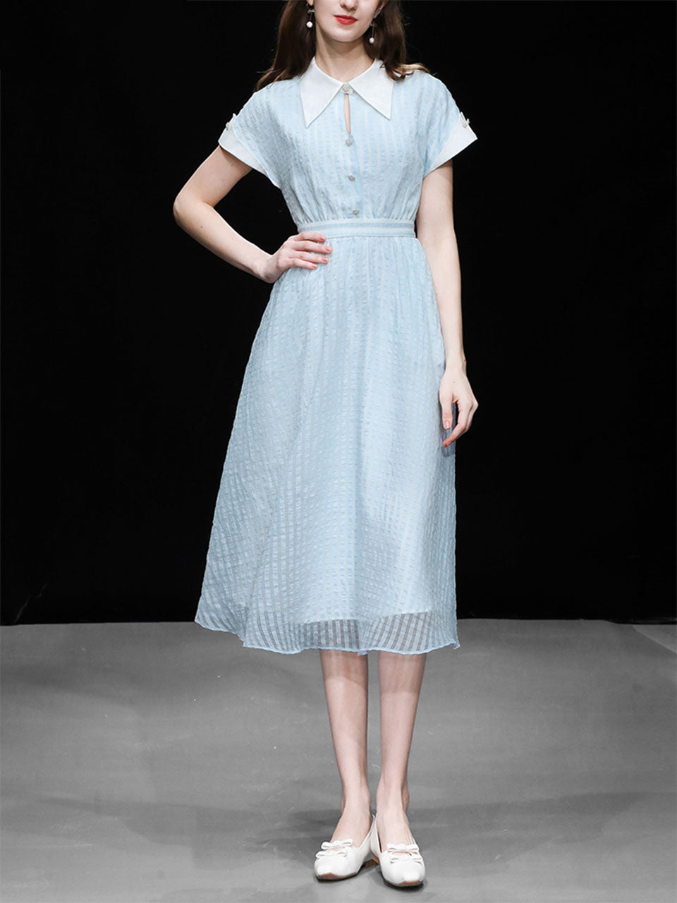 Blue Turndown Collar Retro Cap Sleeve 1950S Vintage Dress
