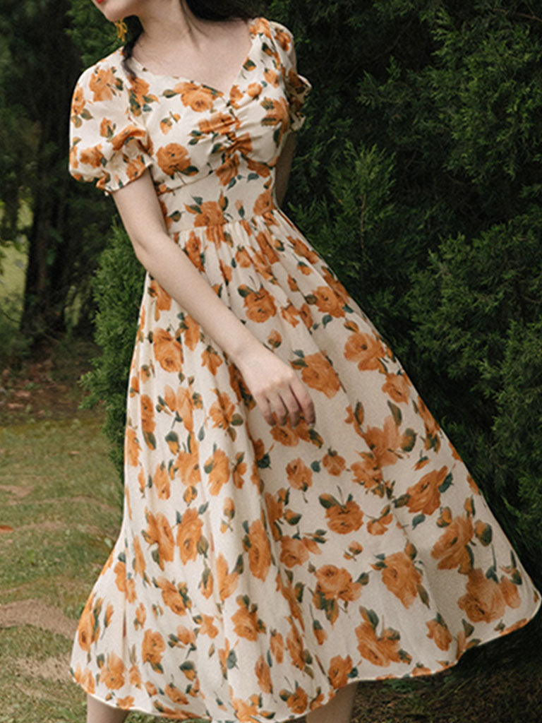 Orange Rose Sweet Heart Collar Puff Sleeve 1950S Vintage Dress