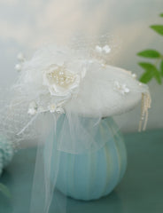 White Handmade Flowers Satin Birdcage Veil Wedding Vintage Hat
