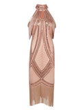 Apricot Cold Shoulder Gatsby Glitter Fringe 1920s Flapper Dress