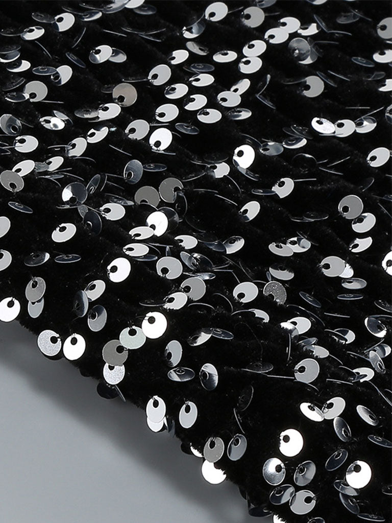 Black Sweet Feather Hem Sequin Long Sleeve Bodycon Gown Party Dress