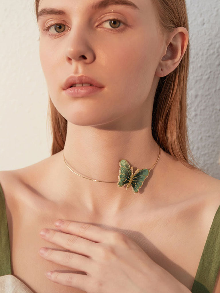 1950S Embroidered Butterfly Choker Vintage Necklace