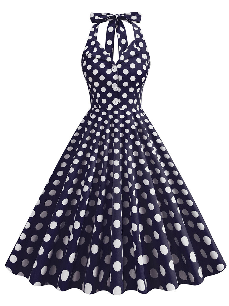 Green And White Polka Dots Pockets Vintage Halter 1950S Dress