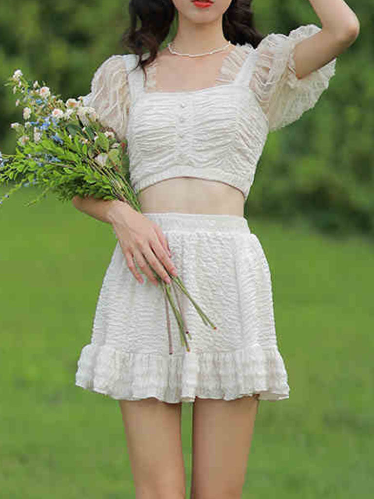 2PS White Lace Fairy Vintage Two Piece Bikinis Swimwear Bathing Suit