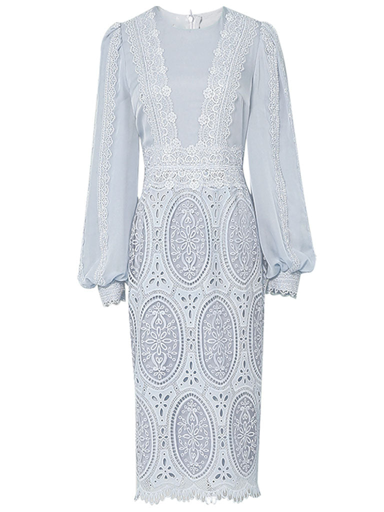 Lilac Lantern Sleeve Embroidered Lace Chiffon 1930S Dress