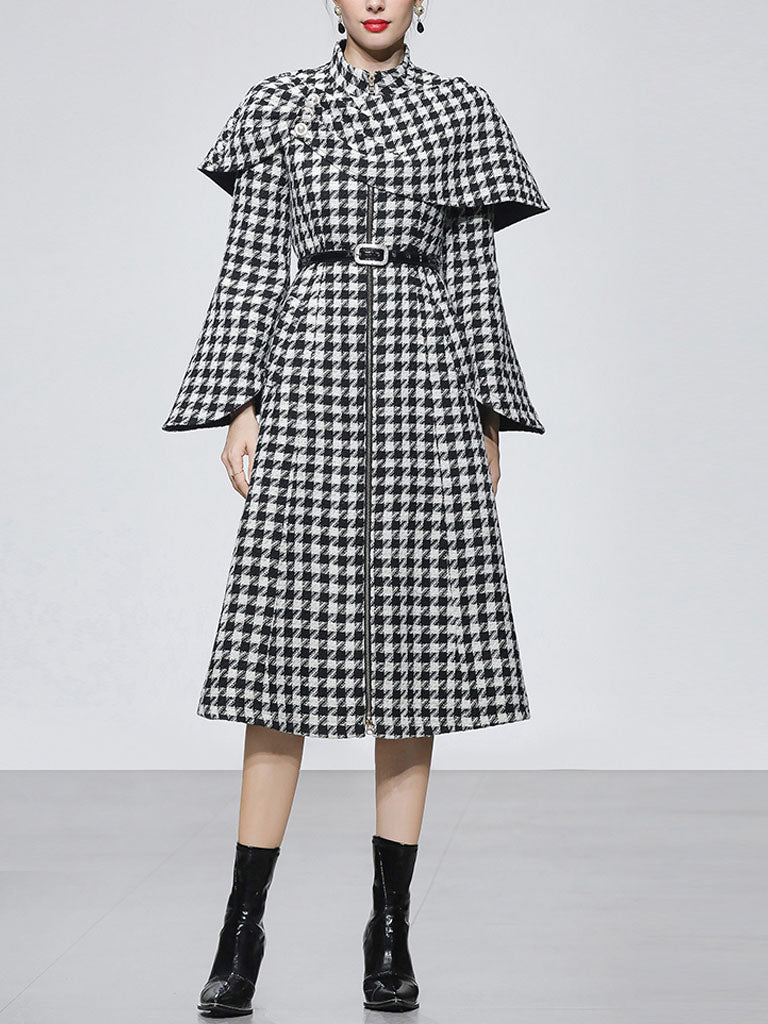 2PS Stand Collar Flared Sleeve  Houndstooth Wool Coat