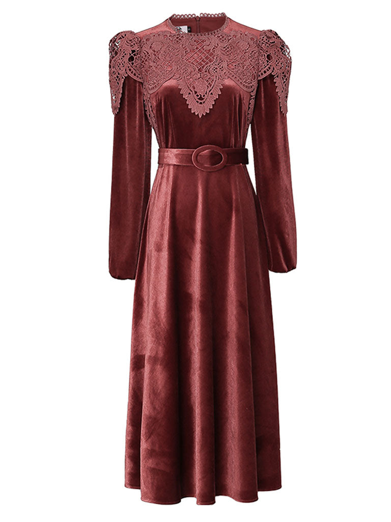 Red Crew Neck Velvet Puff Sleeve 1950S Vintage Dress