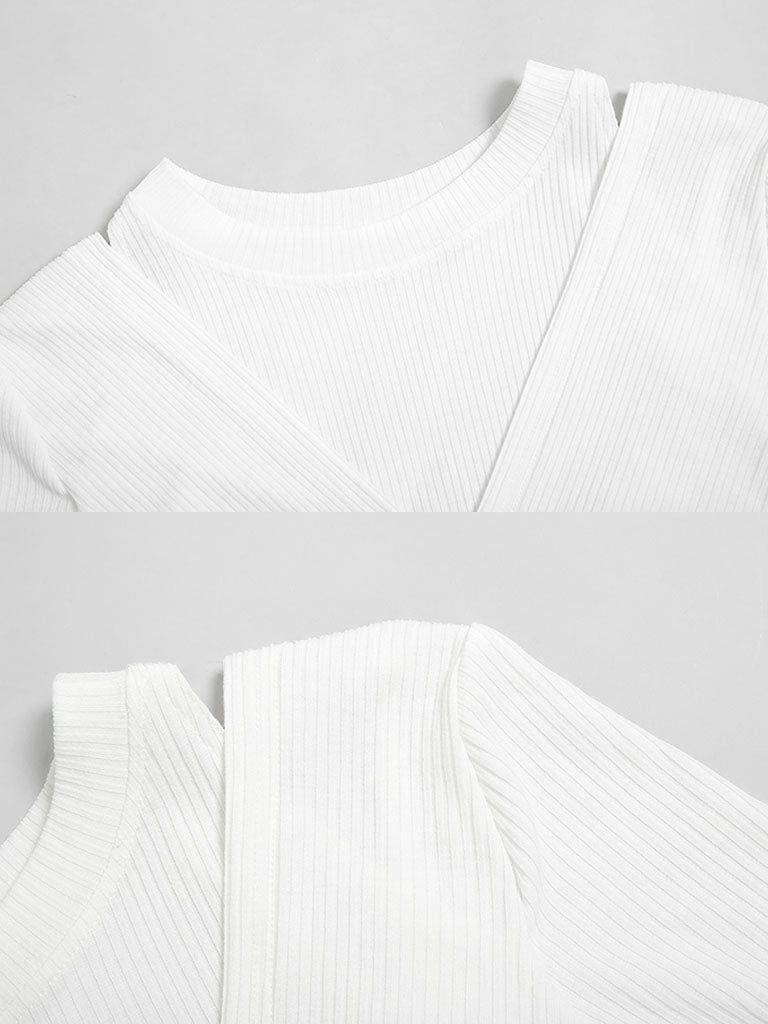 2PS Off The Shoulder White Knitted Top And Lotus Leaf Plaid Skirt Suit