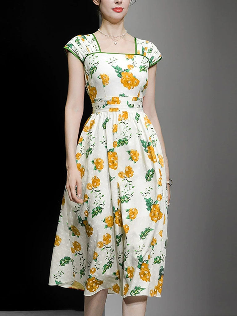 Square Collar Floral Print 1950S Vintage Dress