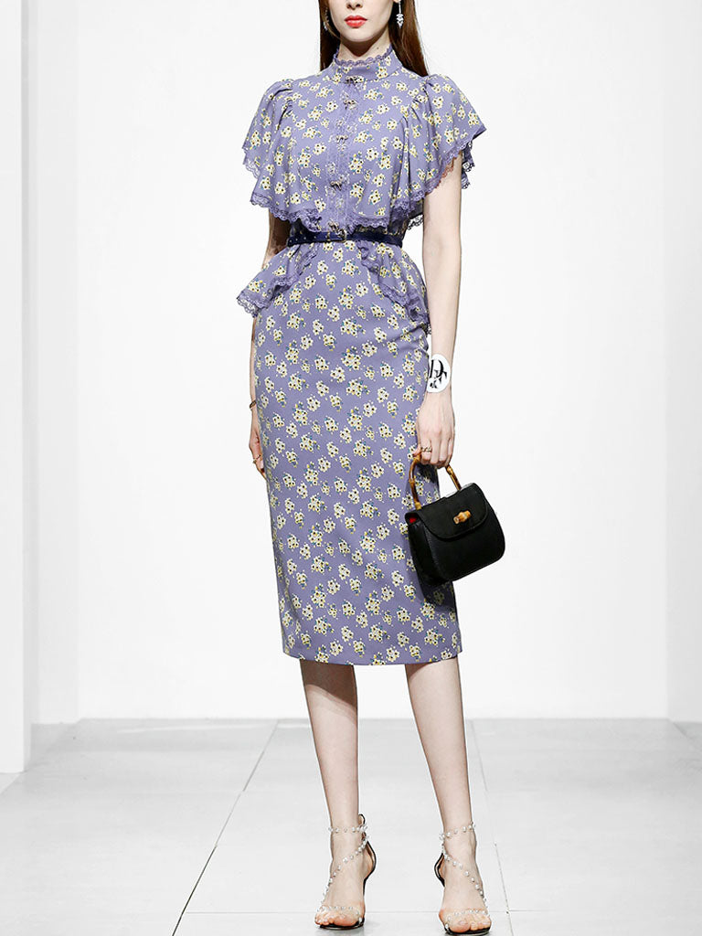 Lavender Lace Collar Ruffles Sleeve Floral Print 1930S Vintage Dress