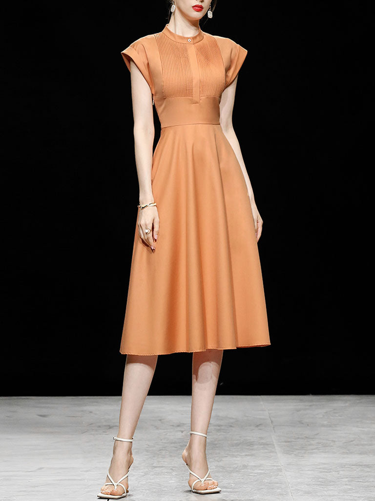 Orange Pleated Cap Sleeve Audrey Hepburn Style 50S Dress