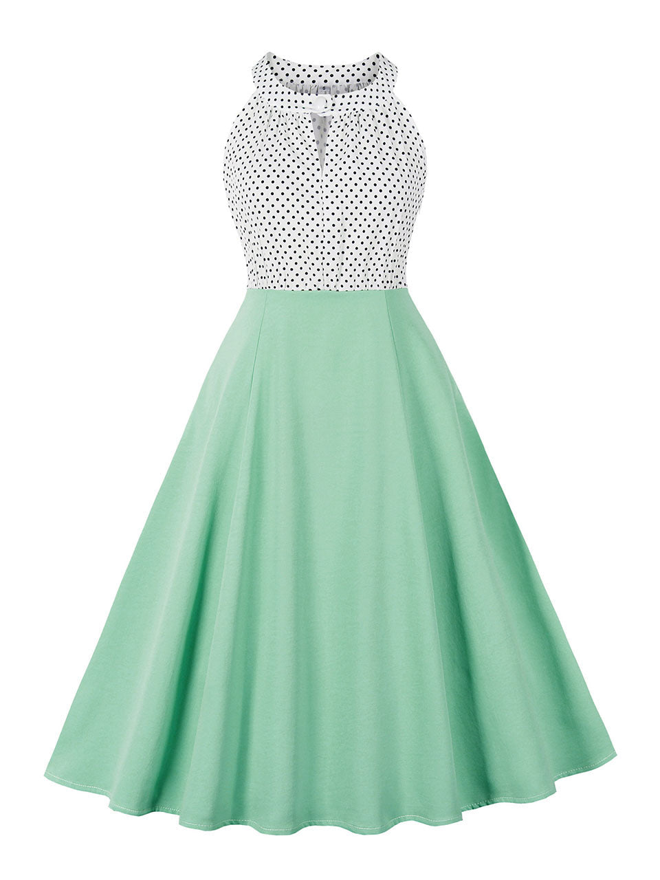 Blue Sweat Heart Halter Sleeveless Polka Dots 1950s Vintage Swing Dress