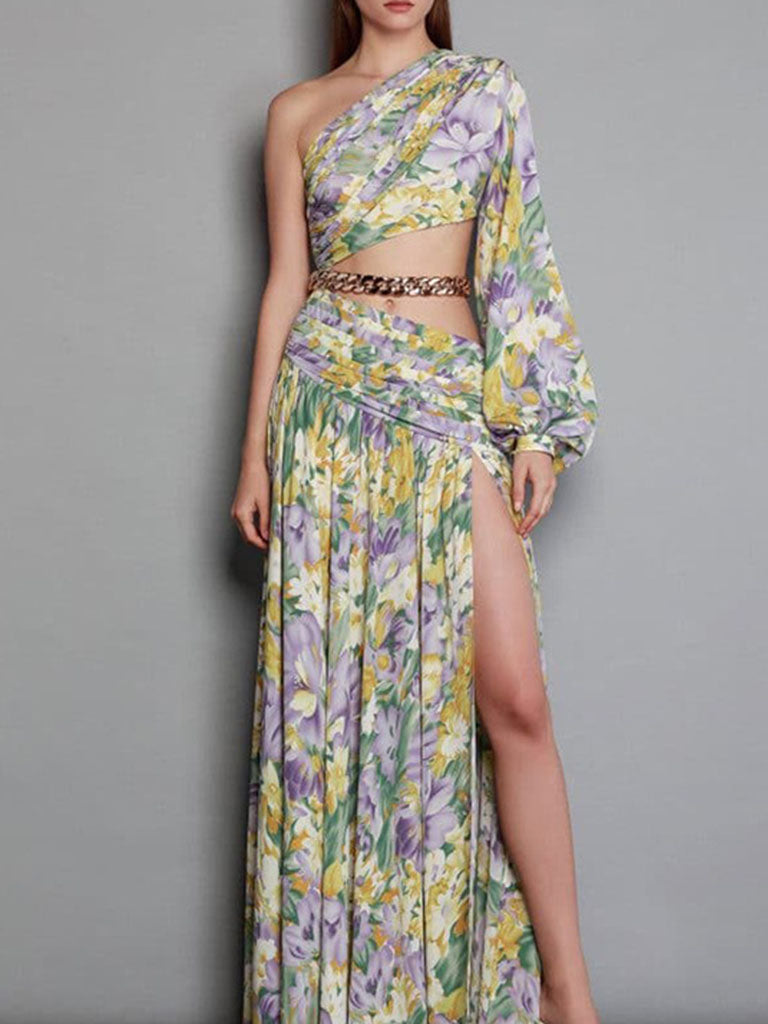 Floarl Print One Shoulder Hollow High Slit Maxi Dress