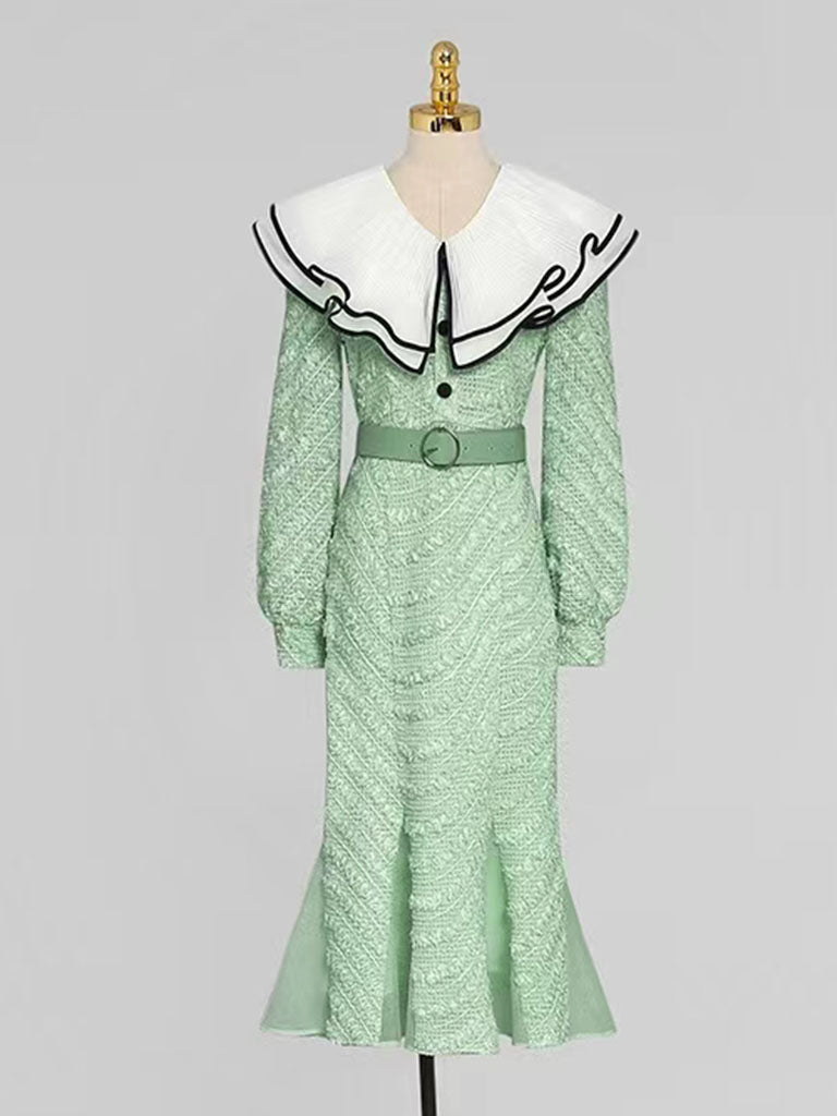 Pea Green Layered Ruffle Collar Knit Mermaid Dress