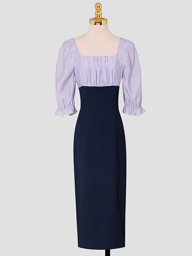 Purple Puff Sleeve Square Neck Slit 1940S Vintage Dress