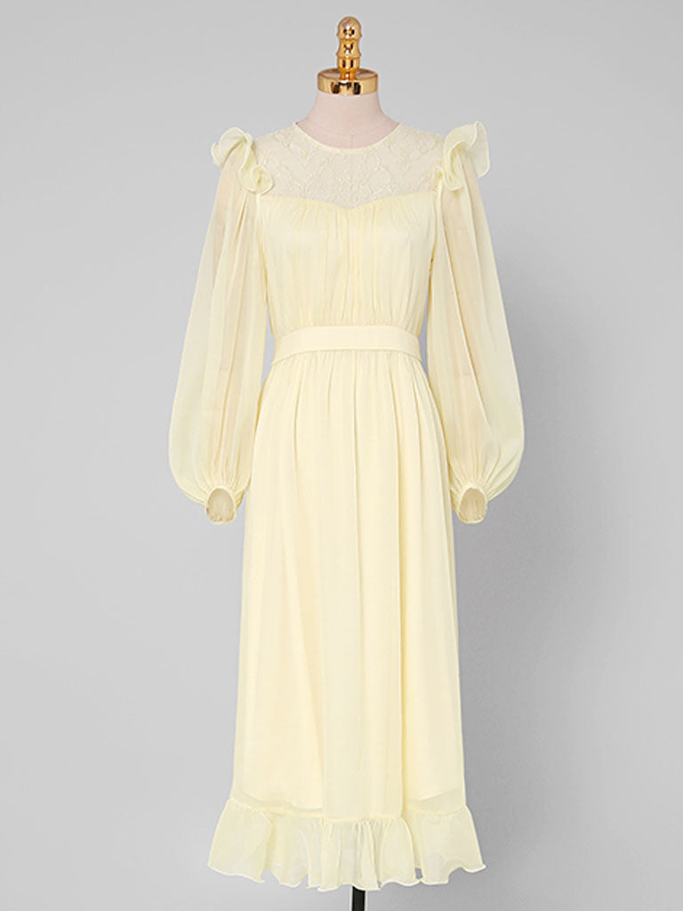 Yellow Ruffles Collar Long Sleeve 1950S Vintage Dress