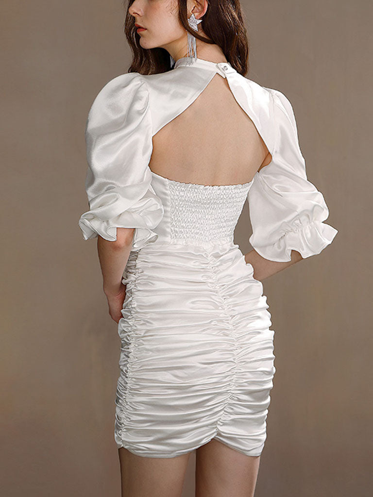 White Puff Sleeve Vintage Mermaid Party Dress