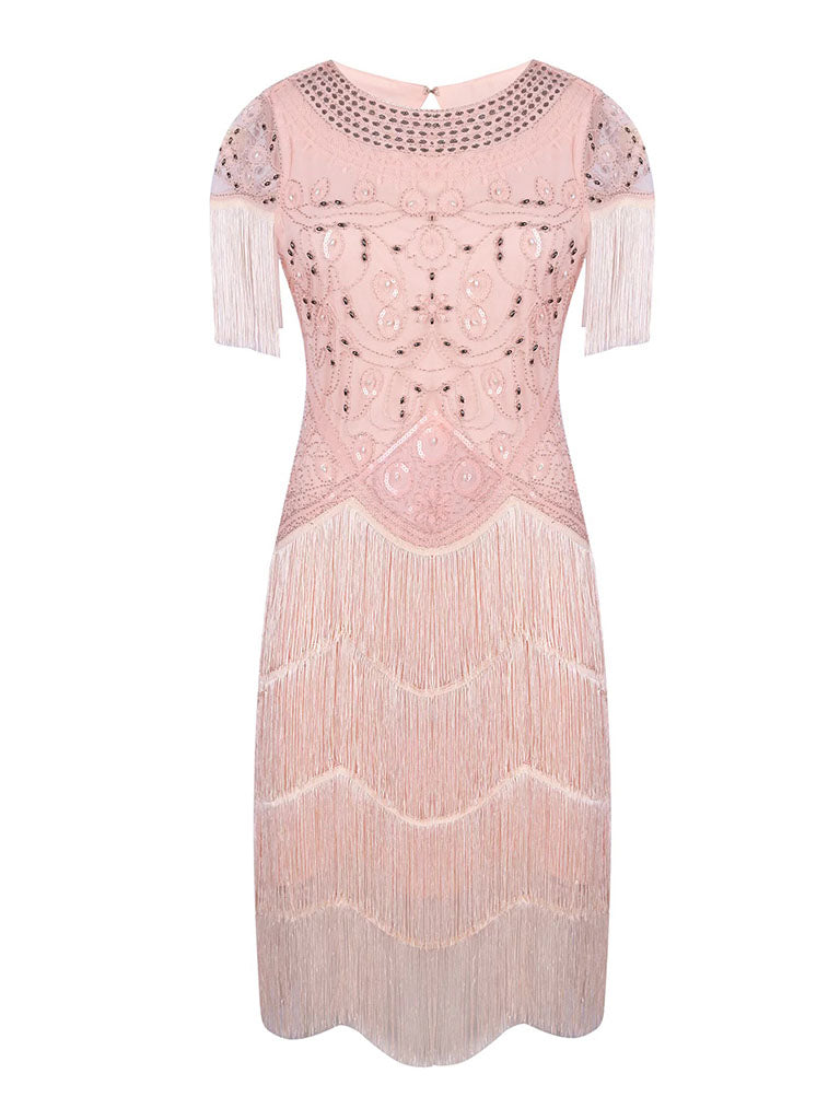 Pink Gatsby Glitter Fringe 1920s Flapper Dress Set