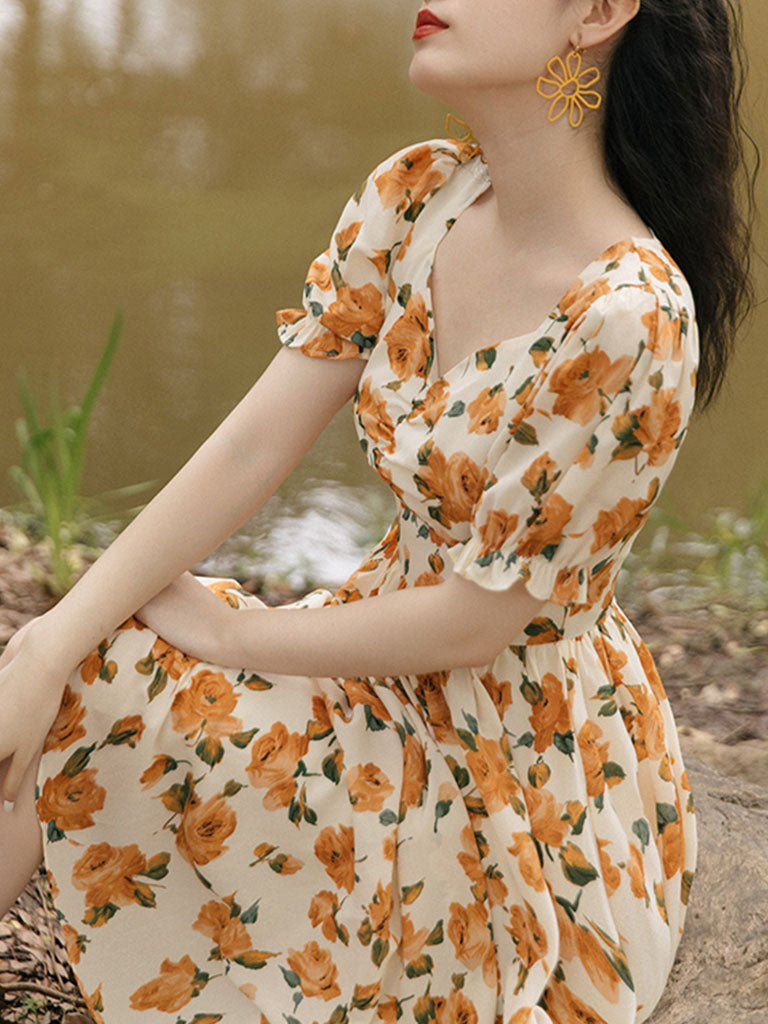 Orange Rose Sweet Heart Collar Puff Sleeve 1950S Vintage Dress