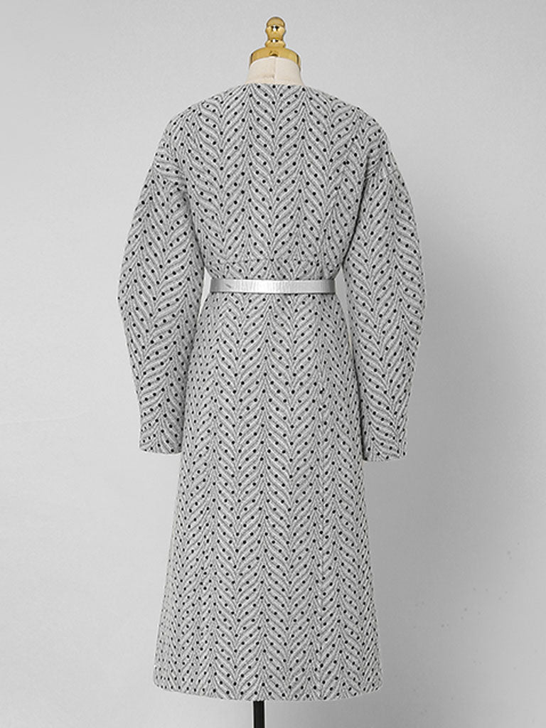 Light Grey V Neck Polka Dot Woolen Coat