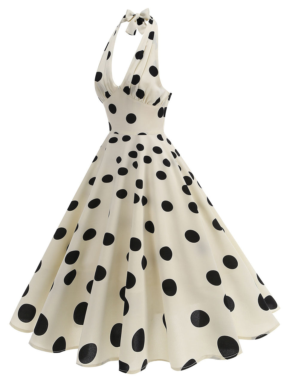 White and Black Polka Dots Halter Backless 1950S Vintage Swing Dress inspired by Cruella