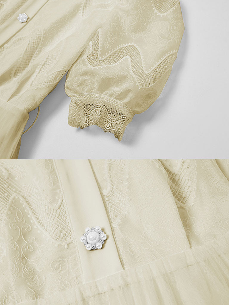 Apricot Stand Collar Puff Sleeve Mesh Pleated Dress