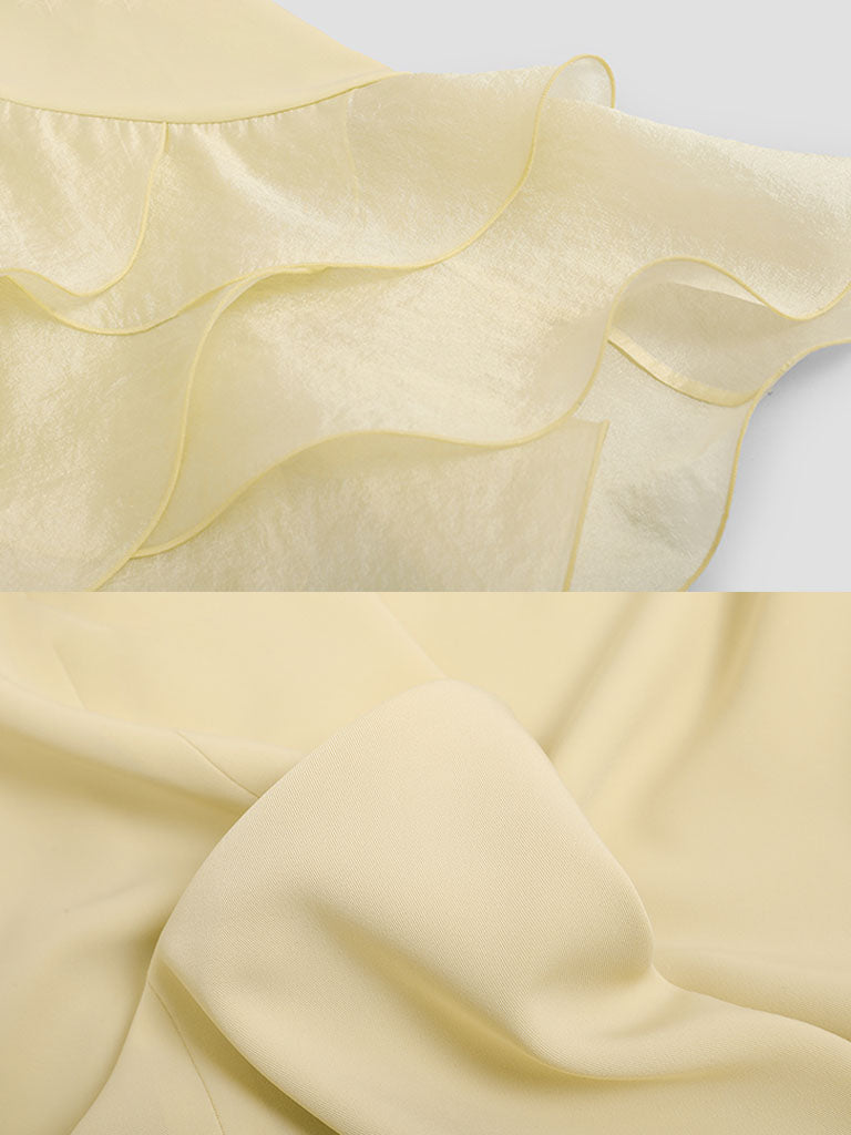 Yellow Organza Semi-Sheer  Ruffled Hem Vintage Dress