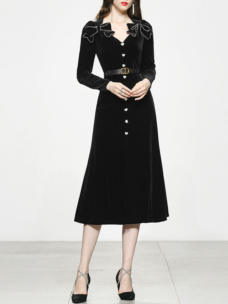 Black Bowknot V Neck Velvet Heart Button 1950S Vintage Dress