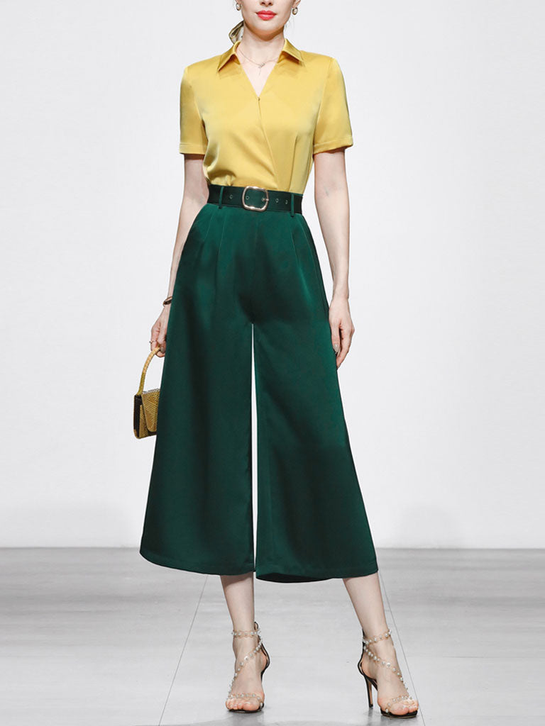 2PS Yellow Elegant V-neck Short Sleeve Shirt