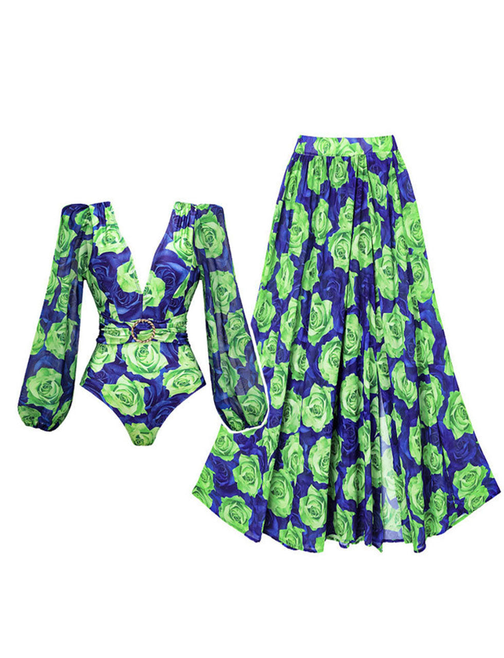Green Floral Deep V Retro Style One Piece