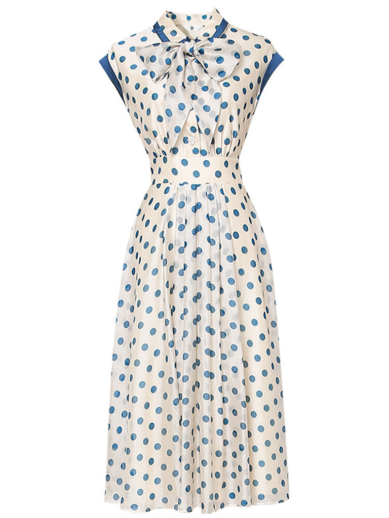 Blue Polka Dots Bow Collar 1950S Vintage Dress