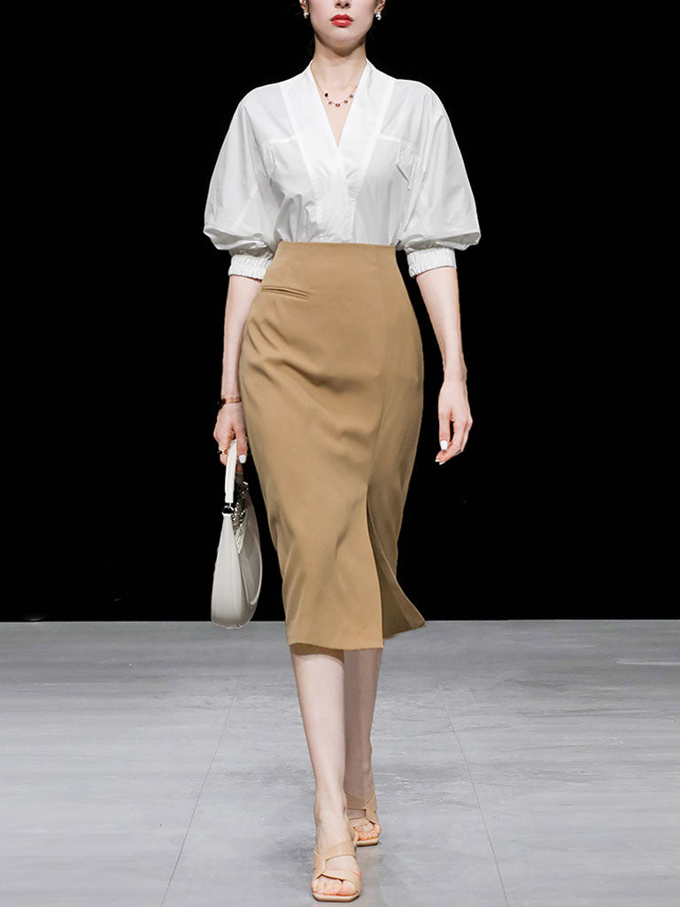 2PS V Neck White Shirt And Khaki Split Bodycon Skirt Suit